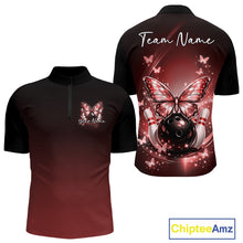 Load image into Gallery viewer, Front and back display of a red men’s bowling quarter-zip shirt featuring glowing butterflies on a bowling ball and fallen bowling pins.