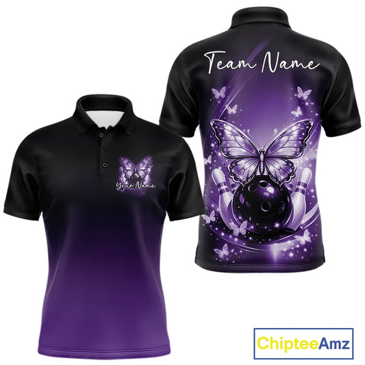 Front and back view of a purple men’s bowling polo shirt showcasing glowing butterflies on a bowling ball, fallen pins, and cosmic accents.