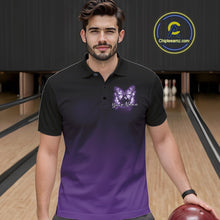 Load image into Gallery viewer, Male model wearing a purple bowling polo shirt at a bowling lane with luminous butterfly artwork, a bowling ball, and fallen bowling pins.