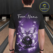 Load image into Gallery viewer, Back view of a male model in a bowling center wearing a purple polo shirt featuring glowing butterflies and cosmic bowling graphics.
