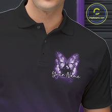 Load image into Gallery viewer, Close-up of the left chest area on a purple bowling polo shirt featuring glowing butterflies on a bowling ball with fallen pin artwork.