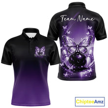 Load image into Gallery viewer, Front and back view of a purple men’s bowling polo shirt showcasing glowing butterflies on a bowling ball, fallen pins, and cosmic accents.