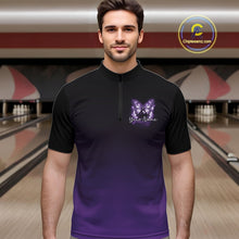 Load image into Gallery viewer, Male model wearing a purple bowling quarter-zip shirt at a bowling lane with glowing butterfly artwork, a bowling ball, and cosmic accents.