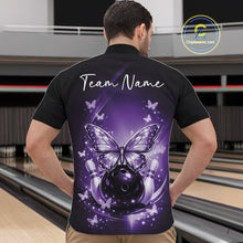 Load image into Gallery viewer, Front view of a male model in a bowling center wearing a purple quarter-zip shirt featuring luminous butterflies and fallen pin graphics.