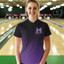 Load image into Gallery viewer, Female model wearing a purple bowling quarter-zip shirt at a bowling lane with luminous butterfly artwork, a bowling ball, and fallen pins.