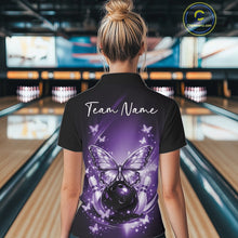 Load image into Gallery viewer, Back view of a female model in a bowling venue wearing a purple quarter-zip shirt featuring glowing butterflies and a cosmic bowling theme.