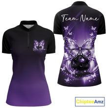 Load image into Gallery viewer, Front and back view of a purple women’s bowling quarter-zip shirt showcasing glowing butterflies on a bowling ball, fallen bowling pins, and cosmic accents.