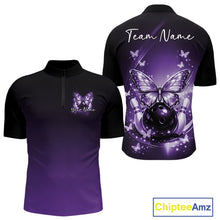 Load image into Gallery viewer, Front and back view of a purple men’s bowling quarter-zip shirt showcasing glowing butterflies on a bowling ball with fallen bowling pins.