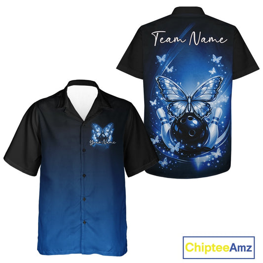Front and back views of a blue button-up bowling shirt with glowing butterflies, a bowling ball, fallen pins, and cosmic-themed graphics.