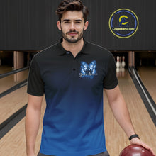 Load image into Gallery viewer, Male model at a bowling lane wearing a blue bowling polo shirt with glowing butterflies, a bowling ball centerpiece, and fallen pin graphics.