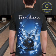 Load image into Gallery viewer, Back view of a male model in a bowling venue wearing a blue polo shirt showcasing luminous butterflies and a cosmic bowling theme.