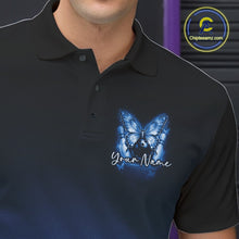 Load image into Gallery viewer, Close-up left chest view of a blue bowling polo shirt featuring glowing butterflies on a bowling ball with fallen bowling pins.