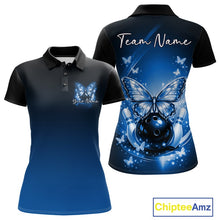 Load image into Gallery viewer, Front and back view of a blue women’s bowling polo shirt featuring glowing butterflies on a bowling ball, fallen bowling pins, and a cosmic theme.