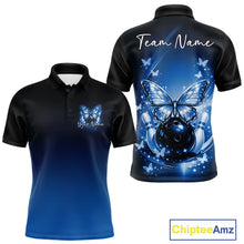 Load image into Gallery viewer, Front and back mockup of a blue men’s bowling polo shirt featuring glowing butterflies on a bowling ball, fallen bowling pins, and cosmic-themed artwork.