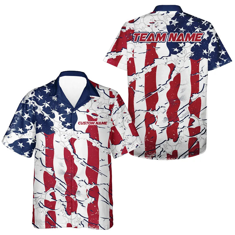 Bowling Ball Pattern US Flag Custom Men And Women Hawaiian Bowling Team Shirts, Patriotic Bowling Jersey IPHW6493