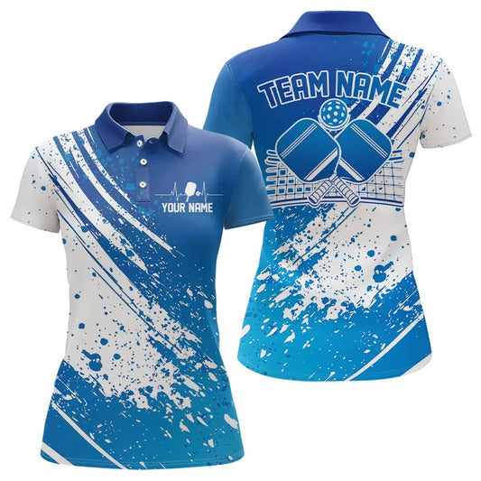 Custom Blue And White Pickleball Polo Shirts For Women, Pickleball Heartbeat Pulse Line Shirt IPHW8200