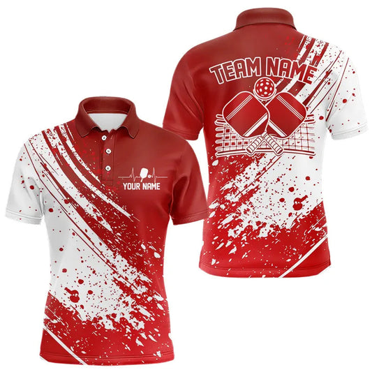 Custom Red And White Pickleball Polo Shirts For Men, Pickleball Heartbeat Pulse Line Shirt IPHW8201
