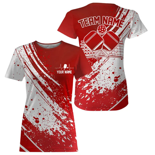 Custom Red And White Pickleball T-Shirts For Women, Pickleball Heartbeat Pulse Line IPHW8201