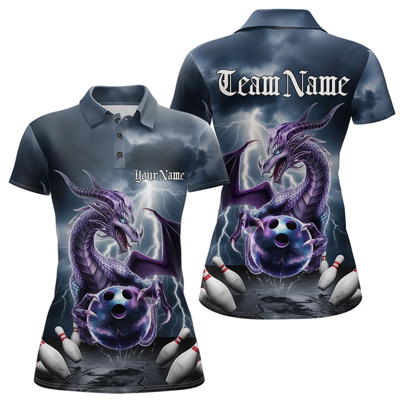 Custom Thunder Lightning Purple Dragon Bowling Polo Shirts For Women, Bowling Team Uniform IPHW8676