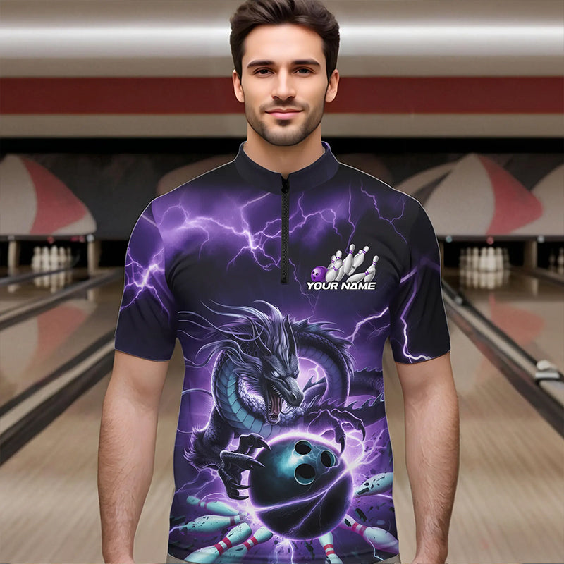 Custom Black And Purple Thunder Lightning Dragon Bowling Quarter-Zip Shirts For Men, Team Uniform IPHW8679