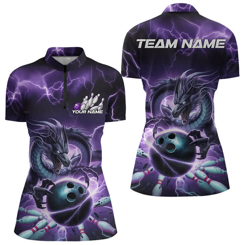 Custom Black And Purple Thunder Lightning Dragon Womens Bowling Quarter-Zip Shirts IPHW8679