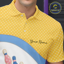 Load image into Gallery viewer, Close-up of the left chest area on a bowling polo shirt featuring colorful bowling ball and pin patchwork graphics with polka dot accents.
