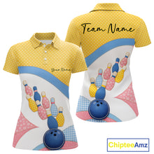 Load image into Gallery viewer, Front and back view of a women’s bowling polo shirt featuring colorful bowling balls, pins, polka dots, and patchwork-style artwork.