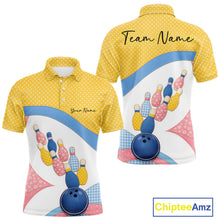 Load image into Gallery viewer, Front and back view of a men’s bowling polo shirt featuring colorful bowling balls, pins, polka dots, and patchwork-style artwork.
