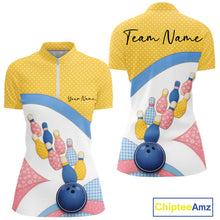 Load image into Gallery viewer, Front and back mockup of a women’s bowling quarter-zip shirt featuring colorful bowling balls, pins, polka dots, and patchwork-style graphics.