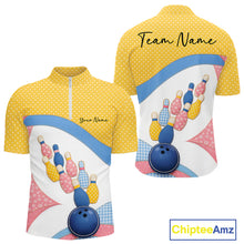 Load image into Gallery viewer, Front and back display of a men’s bowling quarter-zip shirt featuring colorful bowling balls, pins, polka dots, and patchwork-style artwork.