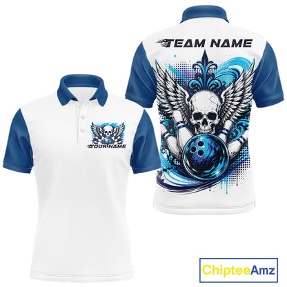Close of a white mens bowling shirt with polo collar, red skull-themed bowling graphic with black wings, pins, bowling ball
