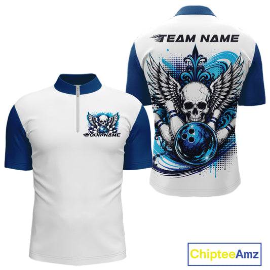 Front and back views of a white mens bowling shirt with quarter zip collar, blue skull-themed bowling graphic with black wings, pins, bowling ball