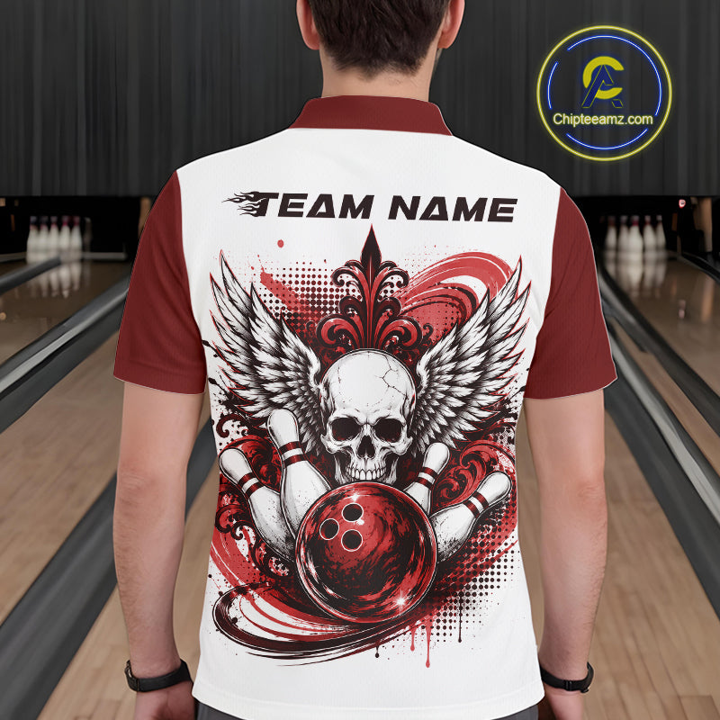 Back view of a man in a bowling alley wearing a bowling shirt with polo collar, red skull-themed bowling graphic with black wings, pins, bowling ball shirt with “Team Name” across the shoulders.