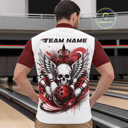 Back view of a man in a bowling alley wearing a bowling shirt with quarter zip collar, red skull-themed bowling graphic with black wings, pins, bowling ball shirt with “Team Name” across the shoulders.