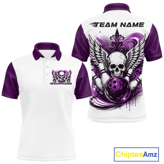 Front and back views of a white mens bowling shirt with polo collar, purple skull-themed bowling graphic with black wings, pins, bowling ball