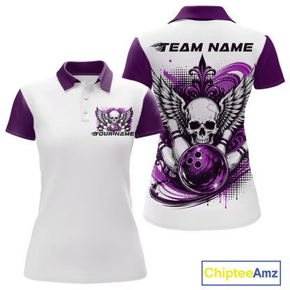 Front and back views of a white womens bowling shirt with polo collar, purple skull-themed bowling graphic with black wings, pins, bowling ball