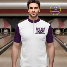 Load image into Gallery viewer, A man stands in a bowling alley wearing a bowling shirt with quarter zip collar, purple skull-themed bowling graphic with black wings, pins, bowling ball