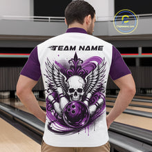 Load image into Gallery viewer, Back view of a man in a bowling alley wearing a bowling shirt with quarter zip collar, purple skull-themed bowling graphic with black wings, pins, bowling ball shirt with “Team Name” across the shoulders.