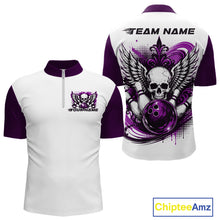 Load image into Gallery viewer, Front and back views of a white mens bowling shirt with quarter zip collar, purple skull-themed bowling graphic with black wings, pins, bowling ball