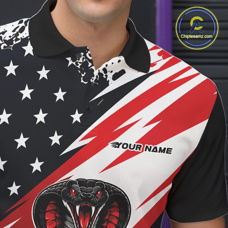 Close-up of a black, white, and red bowling polo with star graphics, diagonal lightning-style stripes, and “Your Name” text on the chest.