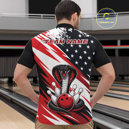 Back view of a man in a bowling alley wearing a black, white, and red american flag cobra-themed shirt with “Team Name” across the shoulders.
