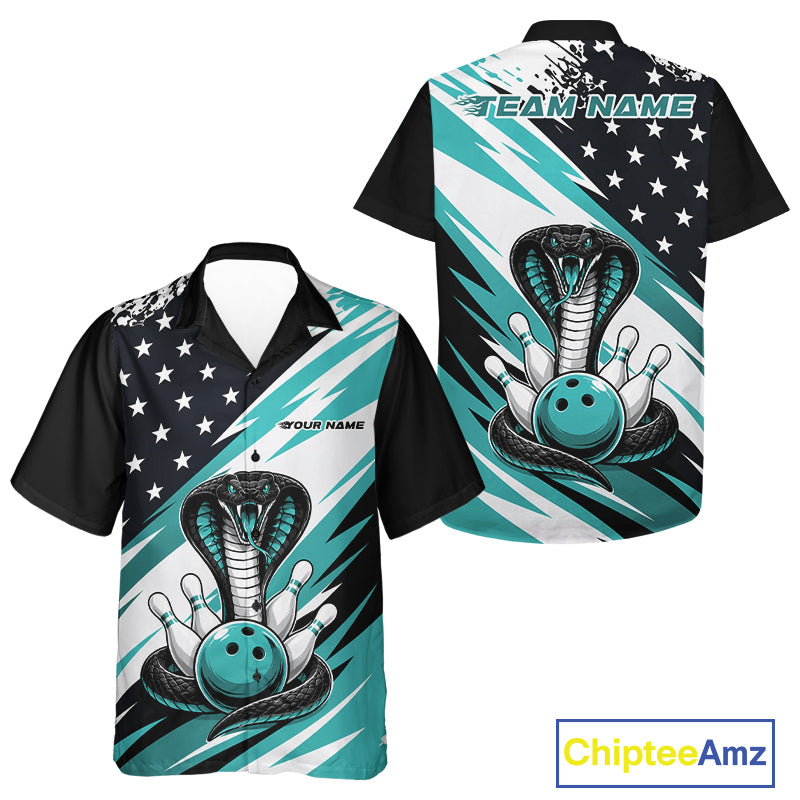 Front and back views of a black, white, and blue thin line american flag bowling unisex button up shirt with cobra artwork, bowling pins, an blue ball, and customizable name text.