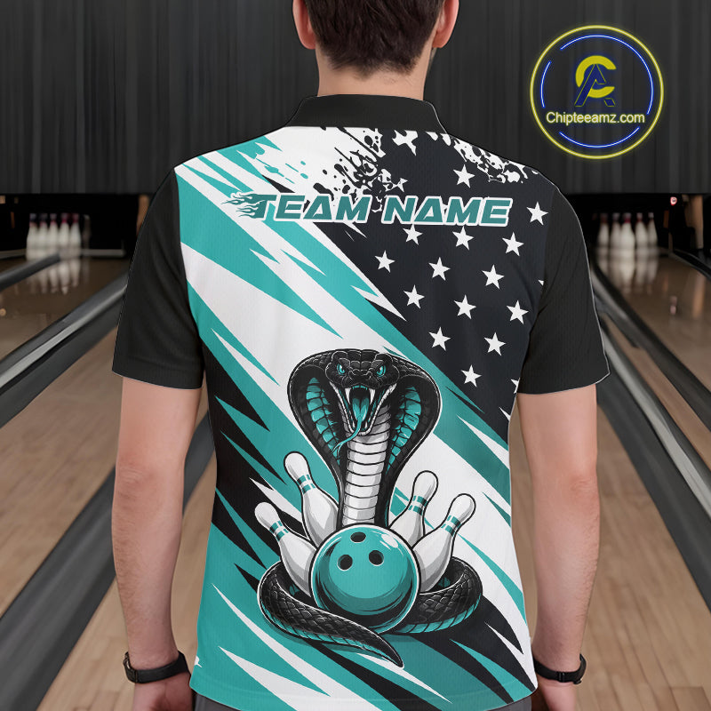 Back view of a man in a bowling alley wearing a black, white, and blue american flag cobra-themed shirt with “Team Name” across the shoulders.