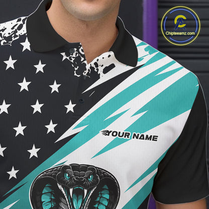 Close-up view of the left chest on a bowling polo shirt featuring a custom name, American flag, and cobra snake design.
