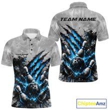 Load image into Gallery viewer, Front and back view of a men's bowling polo shirt mockup showcasing a dramatic blue bowling ball and pins graphic accented by claw-mark artwork on a gray shirt.