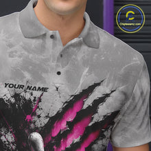 Load image into Gallery viewer, Close-up of the left chest on a gray bowling polo shirt featuring a dramatic pink bowling ball and pins graphic with claw-mark artwork.