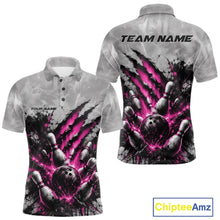 Load image into Gallery viewer, Front and back view of a men's bowling polo shirt mockup featuring a dramatic pink bowling ball and pins graphic with claw-mark artwork on a gray shirt.