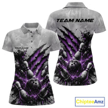 Load image into Gallery viewer, Front and back view of a women's bowling polo shirt mockup showcasing a dramatic purple bowling ball and pins graphic with bold claw-mark artwork on a gray shirt.