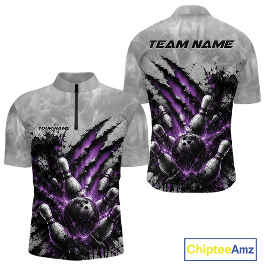 Front and back view of a men's bowling quarter zip shirt mockup showcasing a dramatic purple bowling ball and pins graphic with claw-mark artwork on a gray shirt.
