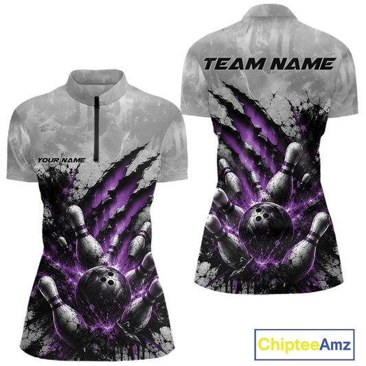 Front and back view of a women's bowling quarter zip mockup featuring a dramatic purple bowling ball and pins graphic with claw-mark artwork on a gray shirt.